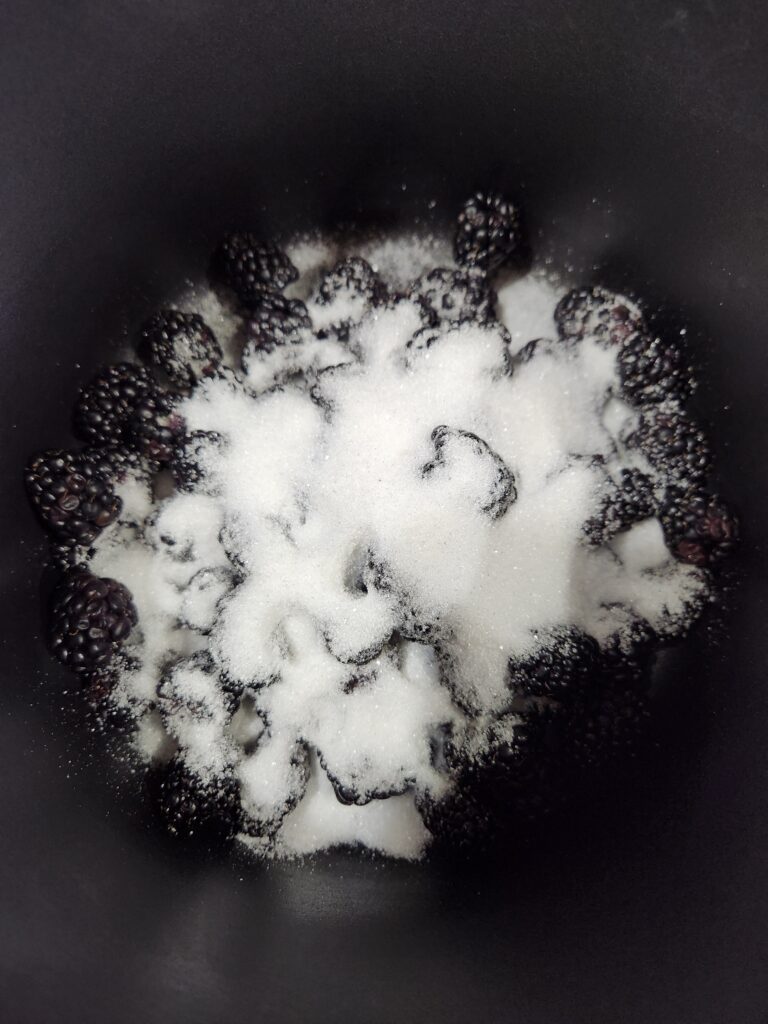 Sugar and blackberries in a saucepan.