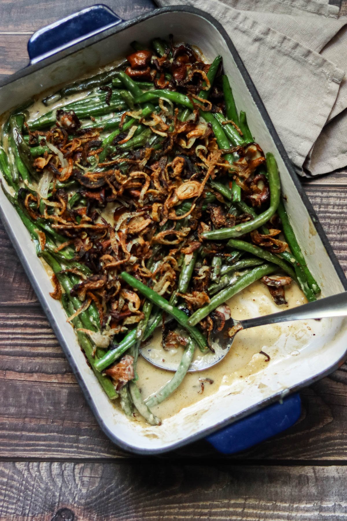 Green bean casserole in a blue dish.