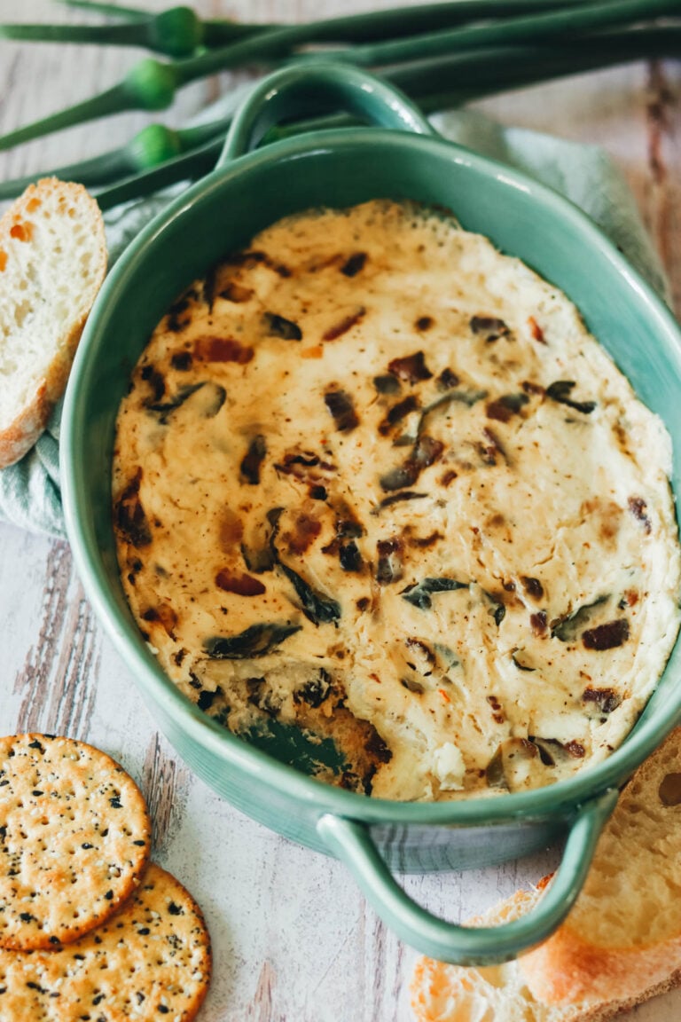 Bacon dip in a ceramic baking dish.